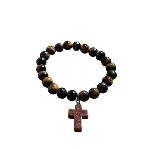 Tiger's Eye Beaded Stretchy Bracelet Goldstone Cross Charm 7.5 inches Unstretche